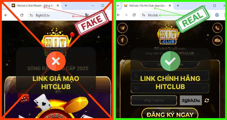 Link thật Hit.Club có favicon và logo chuẩn trên trình duyệt, còn link giả Hit.Club thiếu biểu tượng hoặc dùng logo mờ.